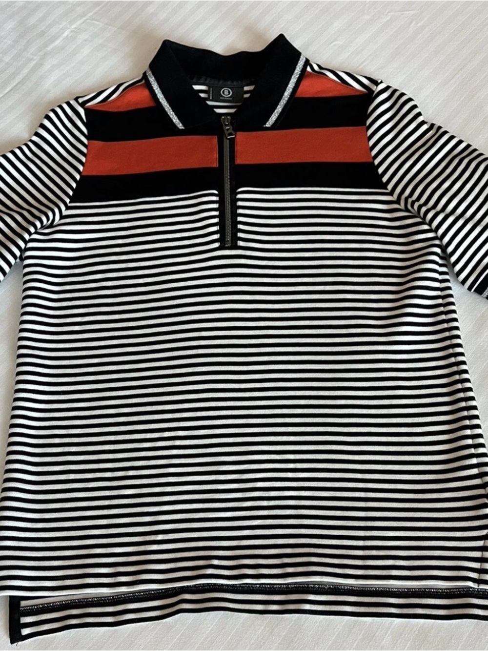 Bogner Ladies Polo Shirt Sz 4 Striped Short Sleeve Collar Zip Pique 100% Cotton